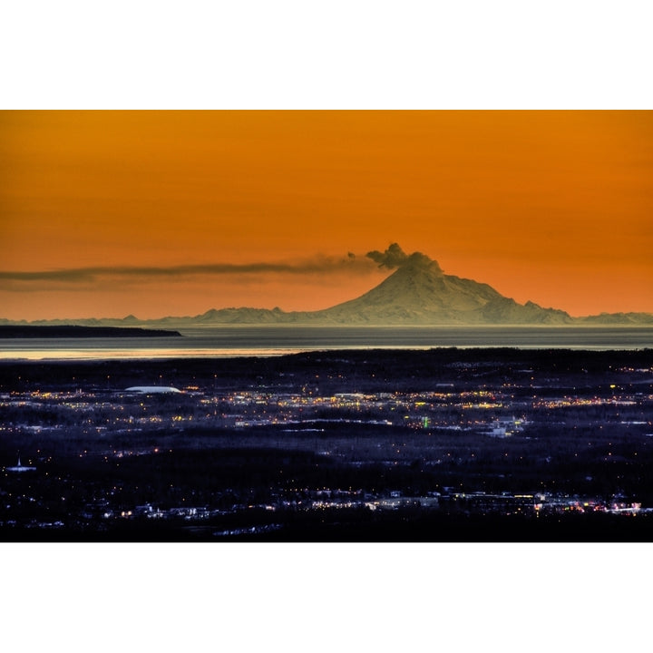 View Of The Anchorage Skyline At Sunset With Mount Redoubt Erupting In The Background Southcentral Alaska Spring 17 x 11 Image 1