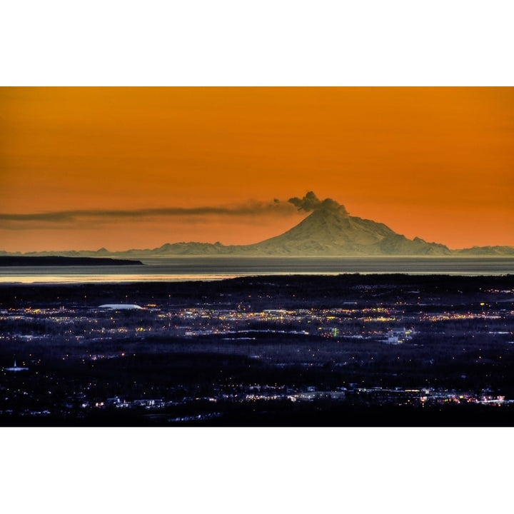 View Of The Anchorage Skyline At Sunset With Mount Redoubt Erupting In The Background Southcentral Alaska Spring 17 x 11 Image 1