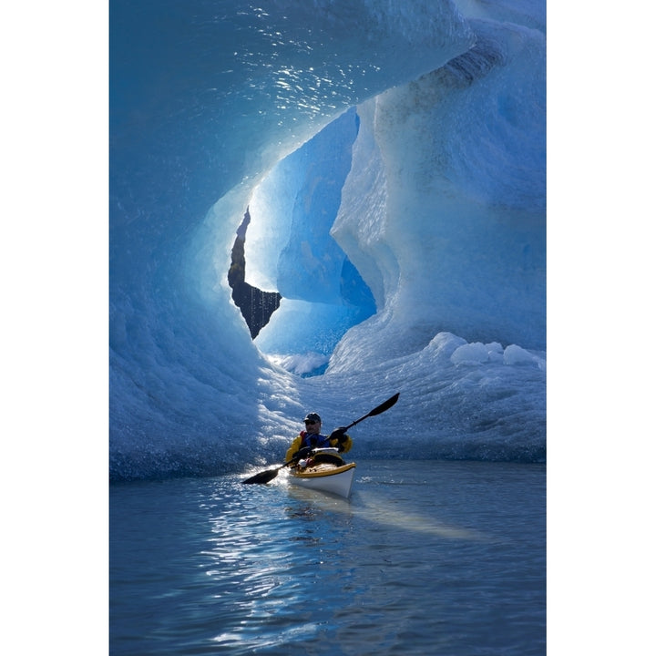 Sea Kayaker On Mendenhall Lake With Big Blue Iceberg In The Background Southeast Alaska Summer Poster Print by John Hy Image 1