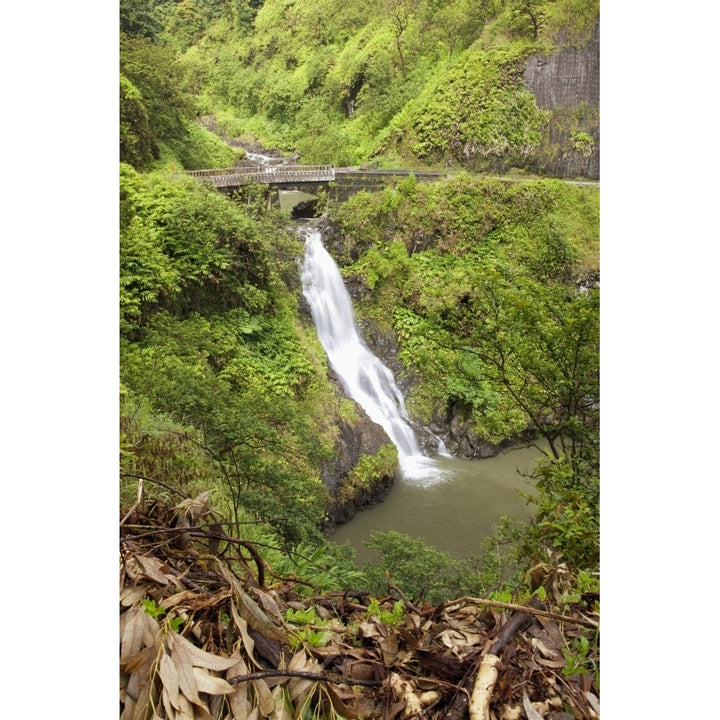 Hawaii Maui Hana Wailua Falls beaneath a bridge along the road to Hana. Poster Print Image 1