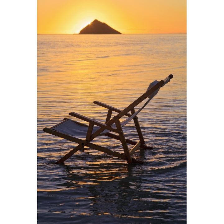 Hawaii Lanikai Empty beach chair at sunset. Poster Print Image 1