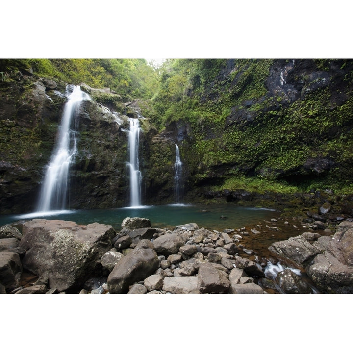 Hawaii Maui Hana The three Waikani Falls with a clear blue pond on The Road To Hana Poster Print Image 1