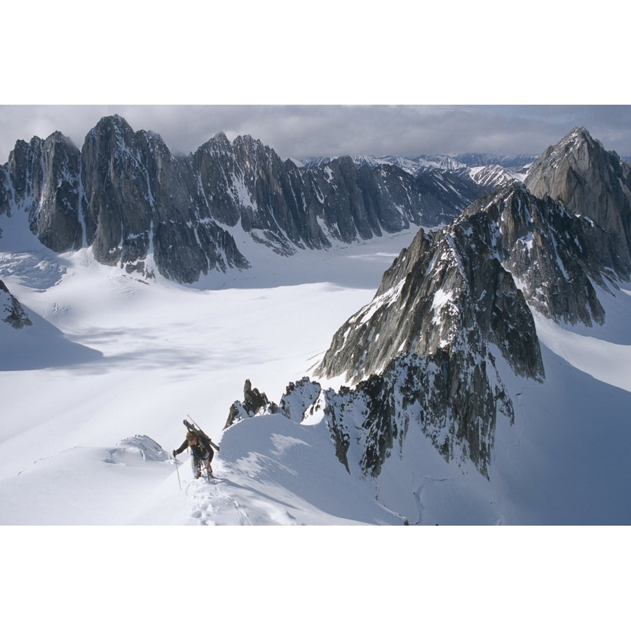 Mountaineer Climbing On Narrow Ridge In Kichatna Mtns Denali National Park Interior Alaska Winter Poster Print by Chris Image 1