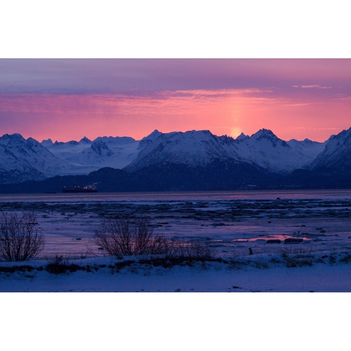 View Of Sunrise Over Mountains Across Kachemak Bay Near Homer Kenai Peninsula Alaska Winter Poster Print Image 1