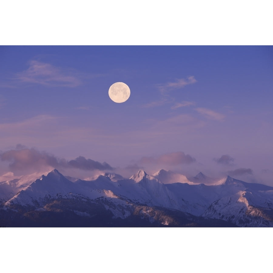 A Full Moon Sets Over The Chilkat Mountains And Lynn Canal At Sunrise Image 1