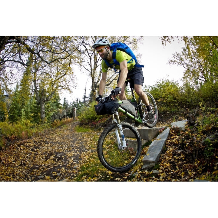 Man Mountain Biking Over Rocks Anchorage Hillside Trails Southcentral Alaska Autumn Poster Print Image 2