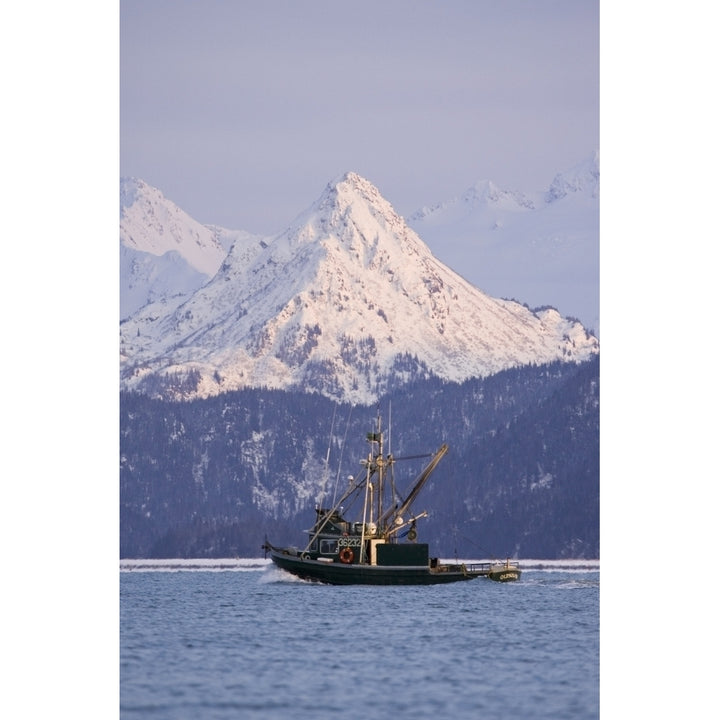 Commercial Fishing Boat In Kachemak Bay W/Snow Covered Kenai Mtns Poots Peak Kenai Peninsula Alaska Winter Image 1