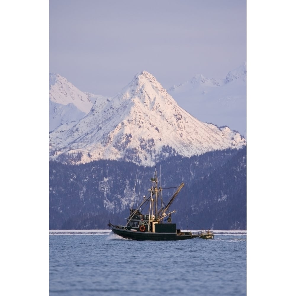 Commercial Fishing Boat In Kachemak Bay W/Snow Covered Kenai Mtns Poots Peak Kenai Peninsula Alaska Winter Image 1