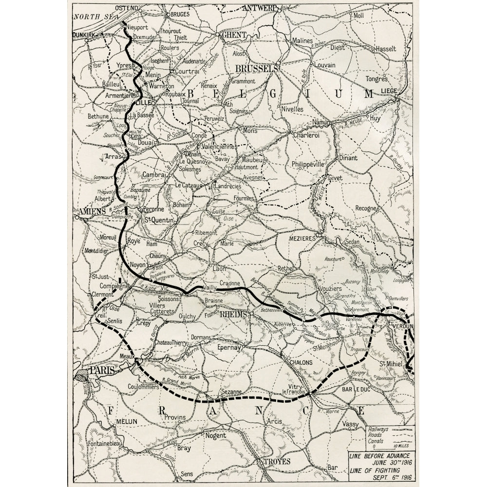 Map Of The Somme Offensive On The Western Front During World War One. From The Year 1916 Illustrated. Print Image 1