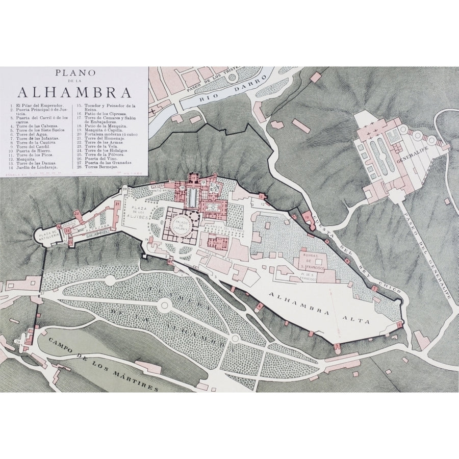 Granada Spain. Plan Of The Alhambra And Surrounding Districts Around The Turn Image 1