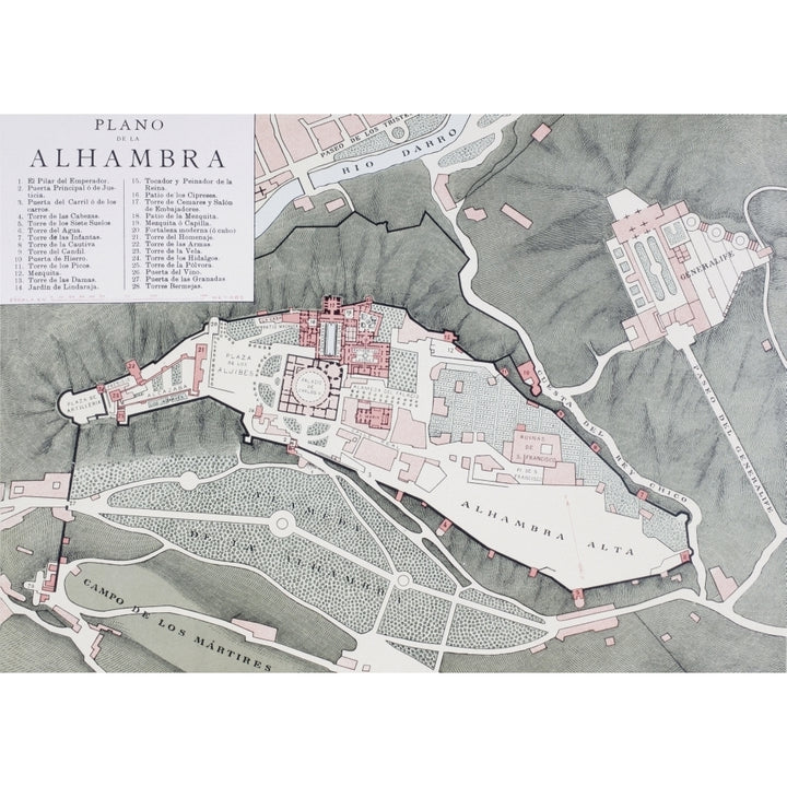 Granada Spain. Plan Of The Alhambra And Surrounding Districts Around The Turn Image 1