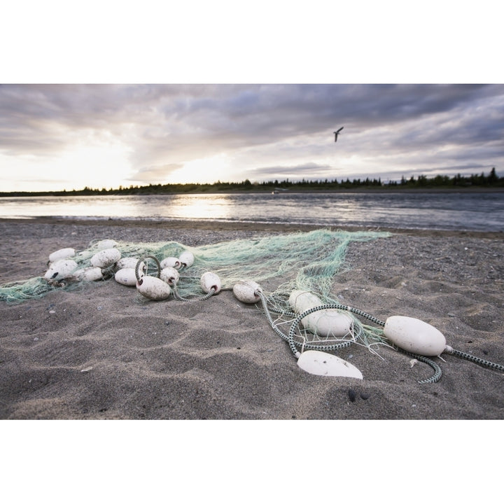 A Gill Net Used For Sockeye Salmon Fishing Stretches Towards The River From The Sandy Bank At Sunset With A Single Bird Image 2