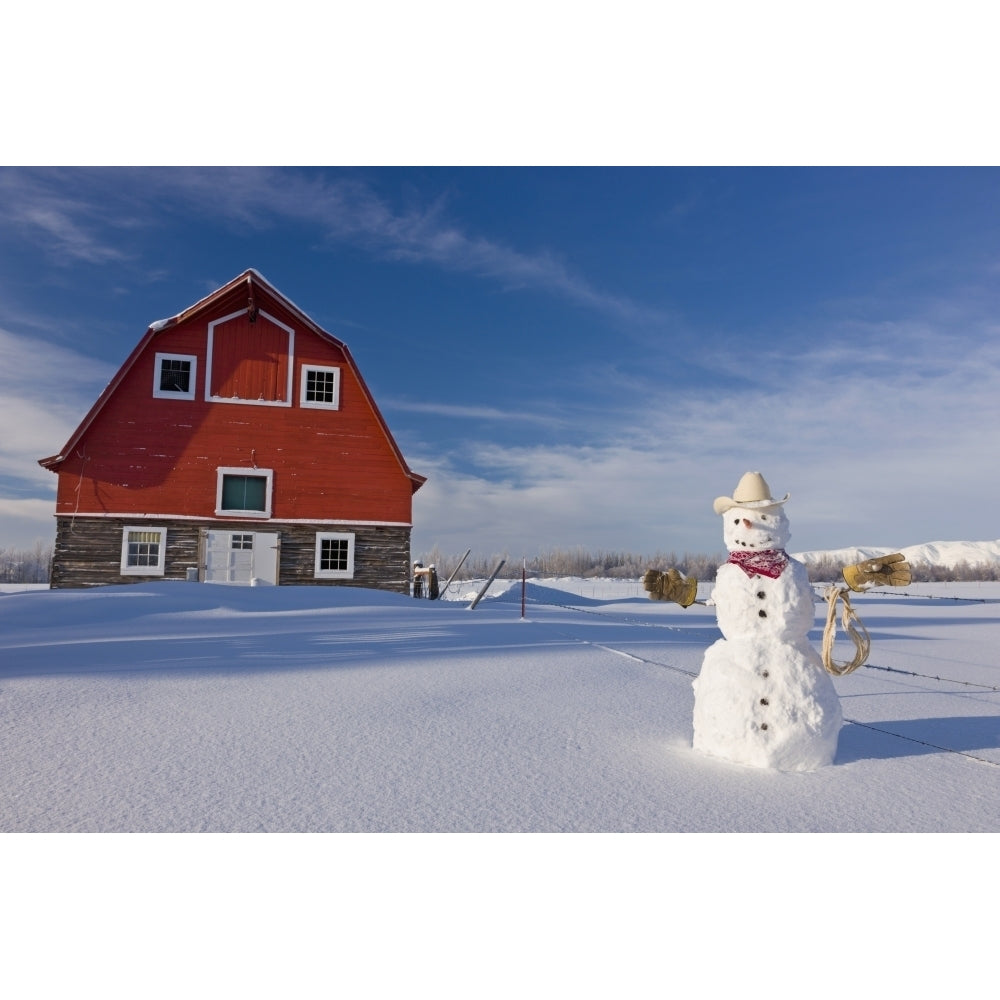 Snowman Dressed Up As A Cowboy Standing In Front Of A Vintage Red Barn In Winter;Palmer Alaska Usa Print Image 2