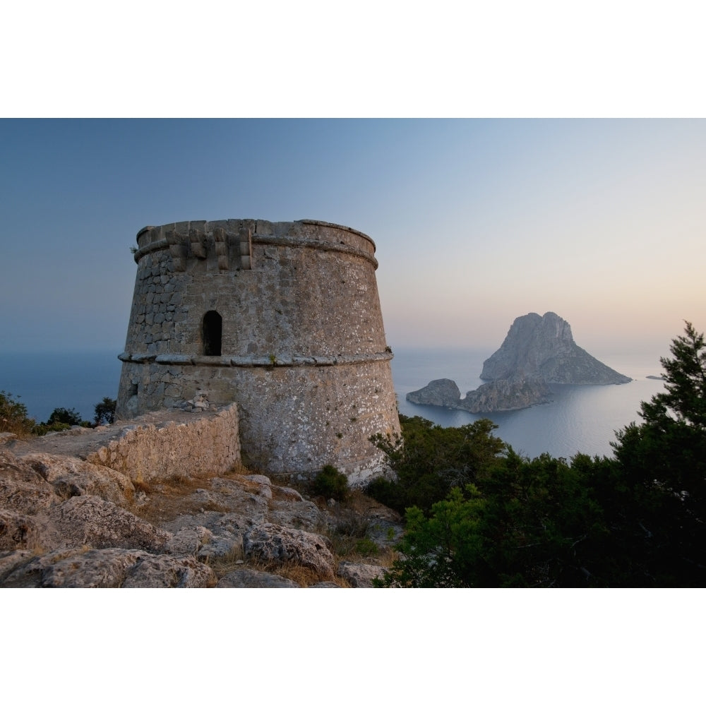 Spain Torre des Savinar and Es Vedra island at sunset; Ibiza Poster Print Image 1