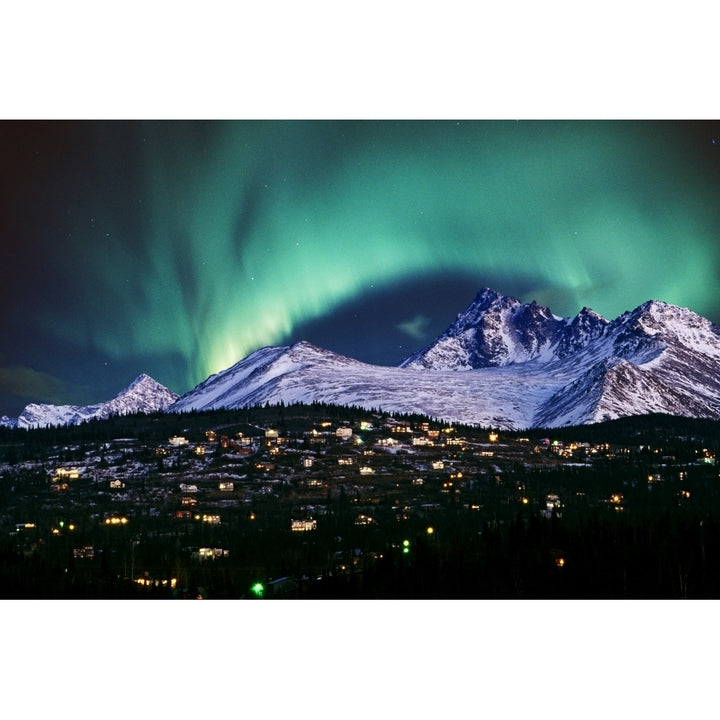 Composite Aurora Borealis Over Hillside Neighborhood and Chugach Mountains Anchorage Alaska Poster Print Image 1