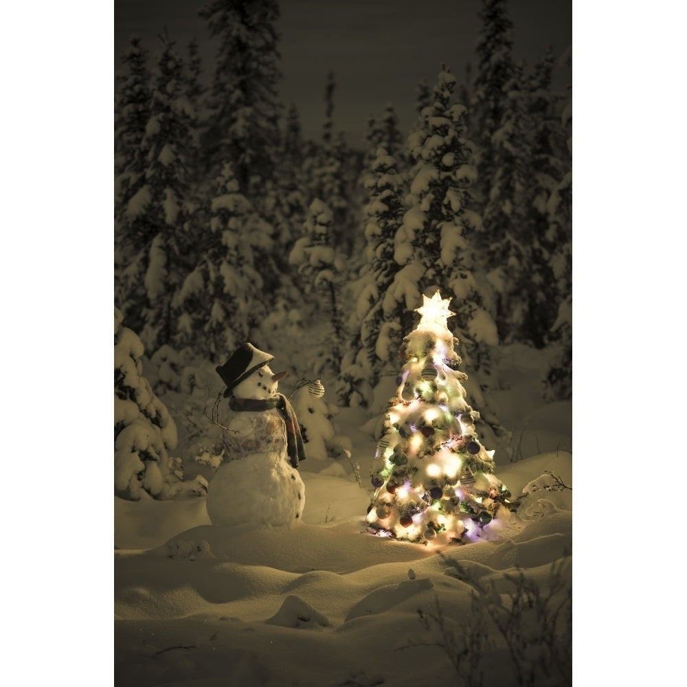 Snowman Stands In A Snowcovered Spruce Forest Next To A Decorated Christmas Tree In Wintertime Poster Print Image 1