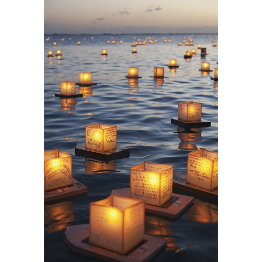 Annual lantern floating ceremony during sunset at Ala Moana; Oahu Hawaii United States of America Print Image 1