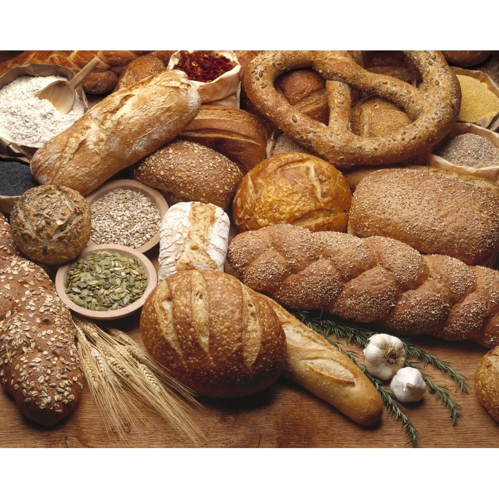 Food - Various types of breads and some of their ingredients. Poster Print Image 2