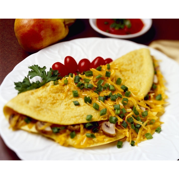 Food - Cheese and Mushroom Omelette garnished with chopped green onions Image 1