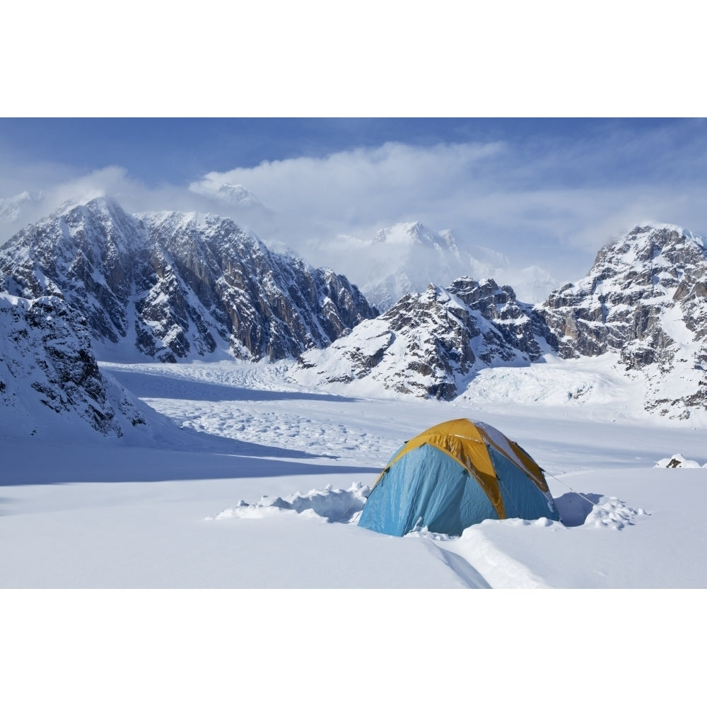 Mountain tent on ridge in winter Mt. McKinley in background part of Mt. Dan Beard immediately behind tent Denali Nati Image 2