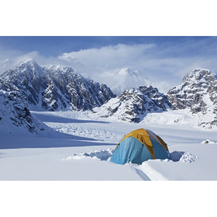 Mountain tent on ridge in winter Mt. McKinley in background part of Mt. Dan Beard immediately behind tent Denali Nati Image 2