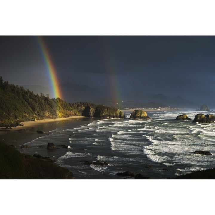 Rainbows seen through storm clouds over Crescent Beach; Cannon Beach Oregon United States of America Print Image 1