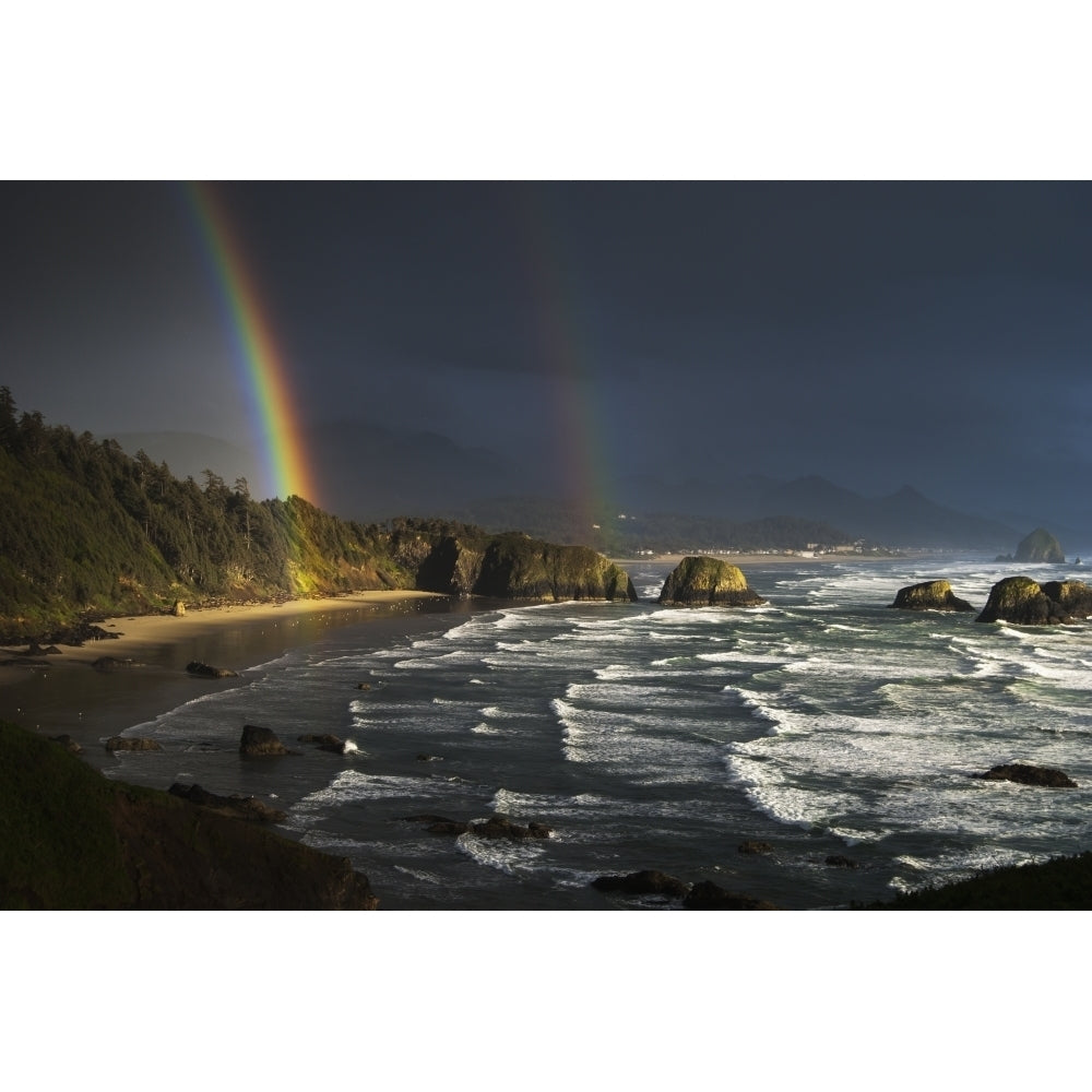 Rainbows seen through storm clouds over Crescent Beach; Cannon Beach Oregon United States of America Print Image 2