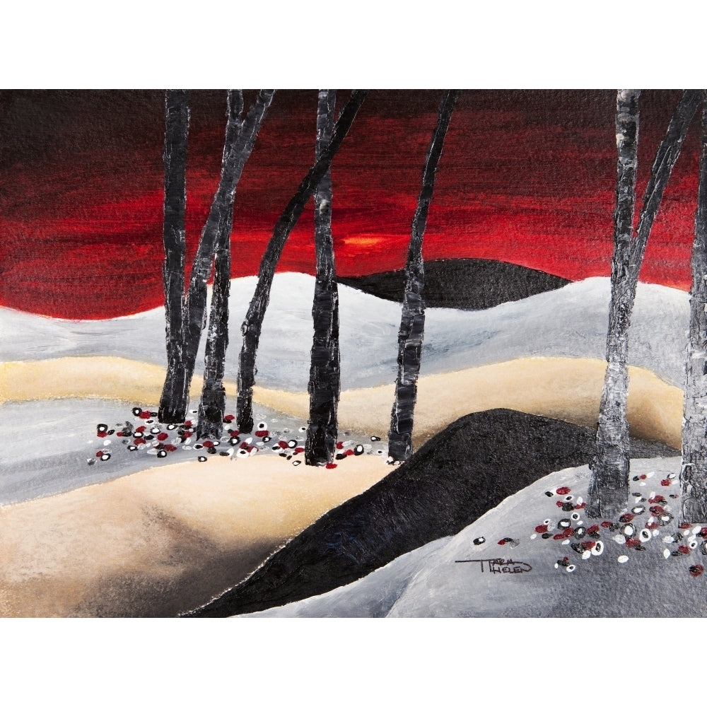 Painting of a dramatic landscape with red sky Poster Print Image 1