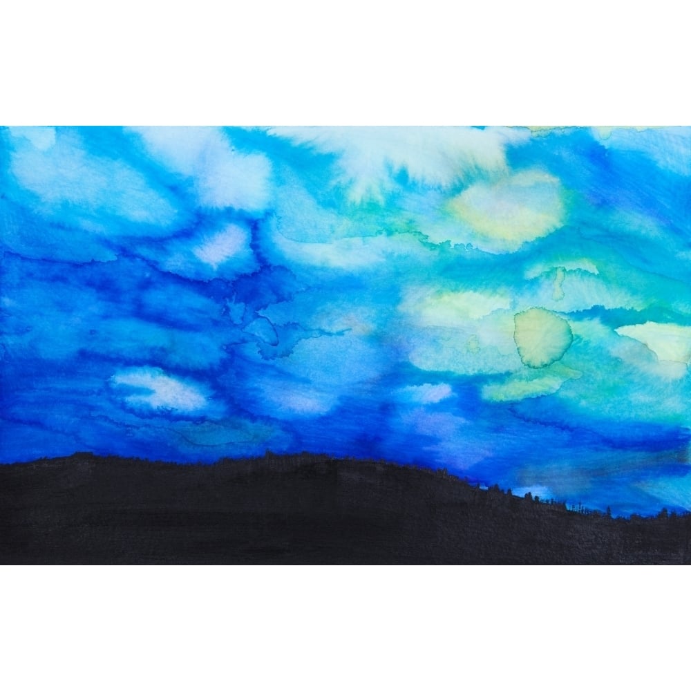 Watercolor painting of a dramatic sky with blue clouds and silhouette of a landscape Poster Print Image 1