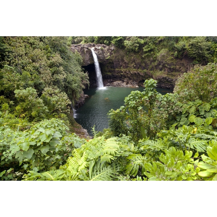 Hawaii Hilo Rainbow Falls surrounded by lush greenery. Poster Print Image 1