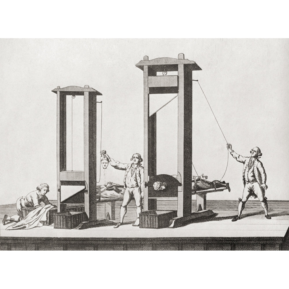 Two guillotines from the time of the French Revolution. From a contemporary print. Poster Print Image 1