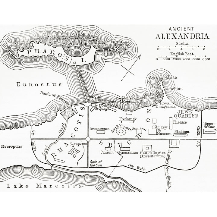 Map of ancient Alexandria Egypt. From The Imperial Bible Dictionary published 1889. Poster Print Image 1