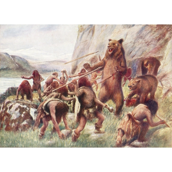 Stone age man hunting wild bears. After a work c.1920 Poster Print Image 1