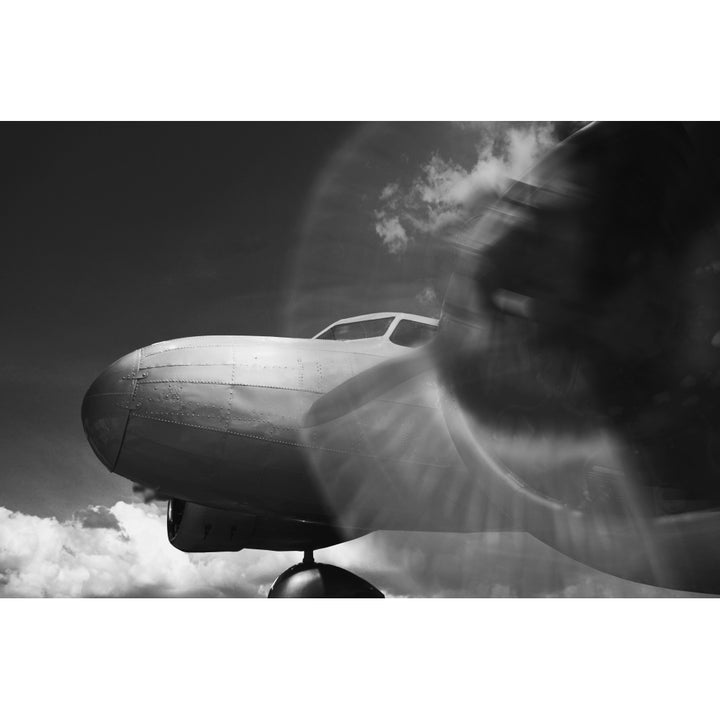 Vintage Twin Engine Airplane With Propeller Rotating In Black And White Poster Print Image 1