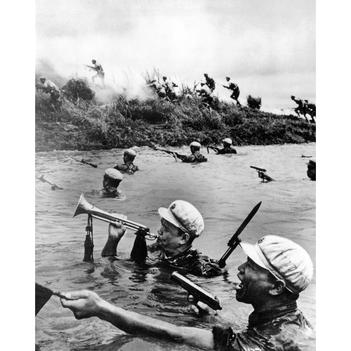 Chinese Communist Soldiers Cross A River During Training. The Bugle Was Used To Communicate Commands To Troops. Aug. Image 2