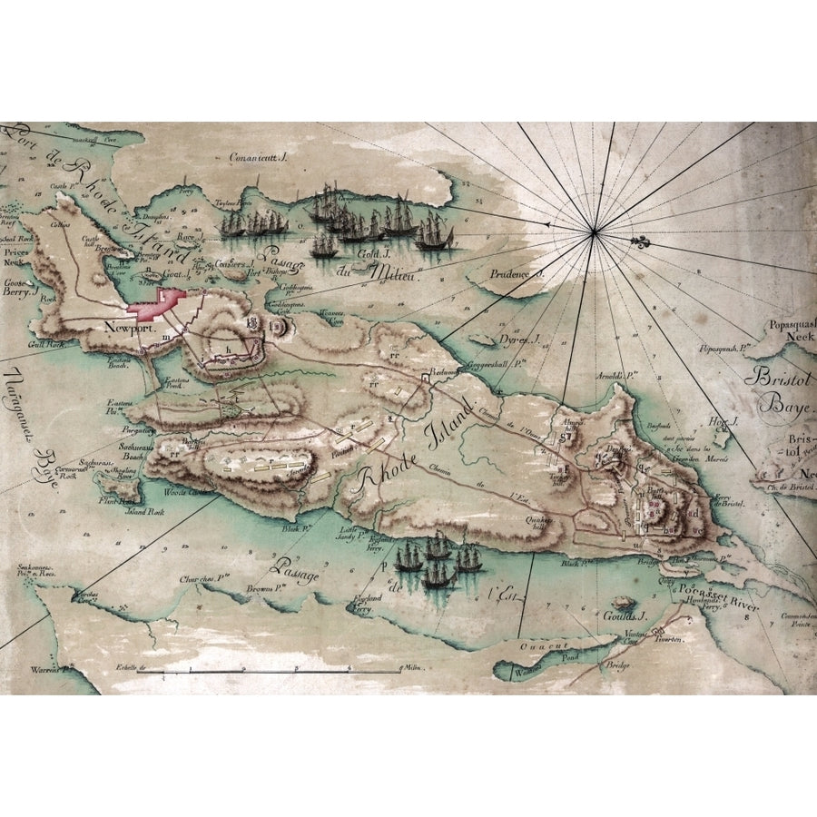 Map Of The Battle Of Rhode Island. Featuring Different Manuevers By The French Fleet And By The American Army Under The Image 1