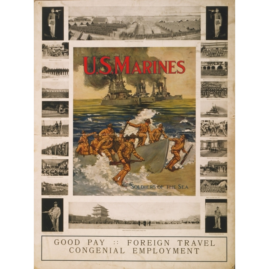 U.S. Marines Recruitment Poster Showing Marines Coming Ashore With Ships In Background History Image 1