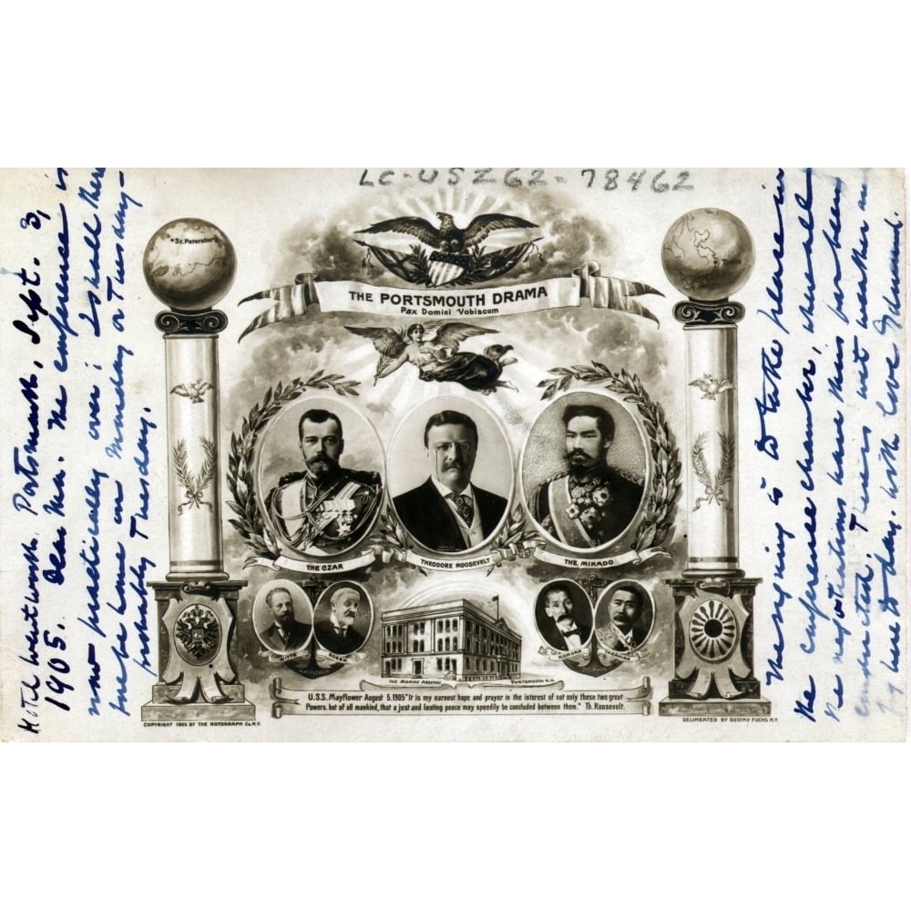 Postcard Celebrating The Signing Of The Portsmouth Peace Treaty With Portraits Of President Theodore Roosevelt History Image 1