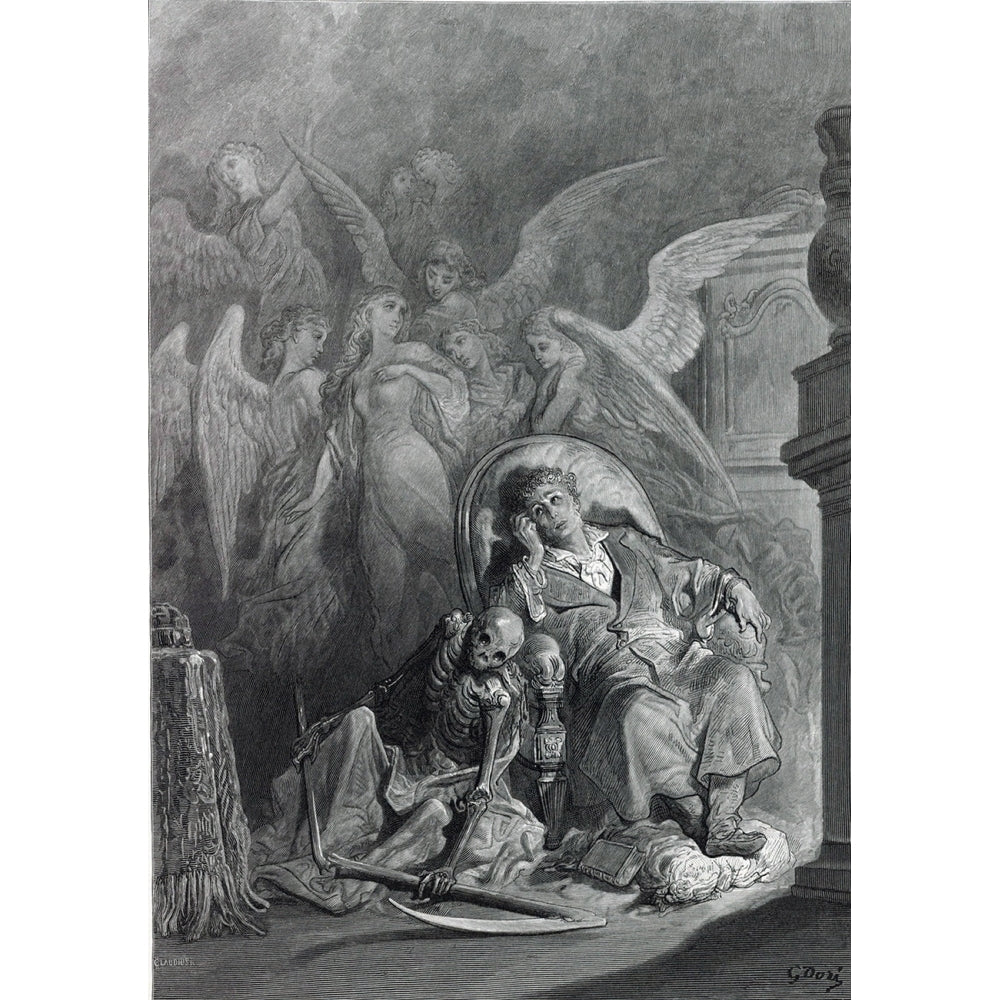 Gustave Dore Illustration Of Edgar Allan PoeS "The Raven" The PoemS Narrator With Visions Of Angels Surrounding The Image 2