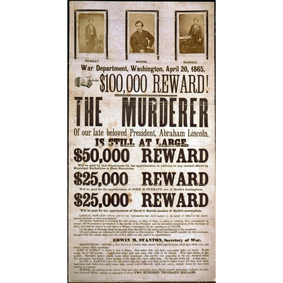 Wanted Poster For The Assassins Of Abraham Lincoln Offering A 100 History Image 1