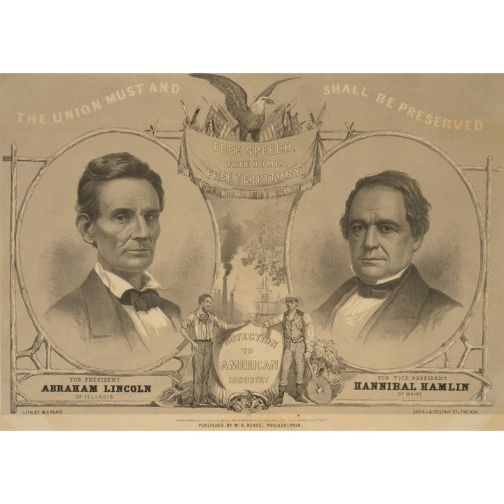 Abraham Lincoln And Hannibal Hamlin Portraits On An 1860 Republican Campaign Banner With The Motto History Image 2