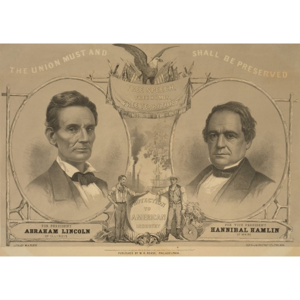 Abraham Lincoln And Hannibal Hamlin Portraits On An 1860 Republican Campaign Banner With The Motto History Image 1