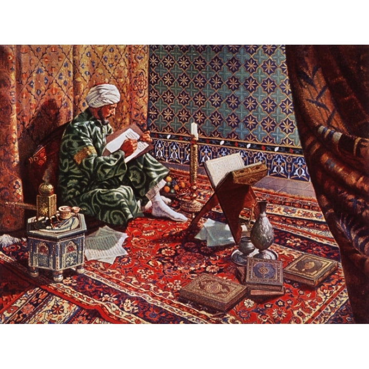 20Th Century Illustration Of The Avicenna Writing While Surrounded By Books And Luxurious Persian Decor. His Image 2