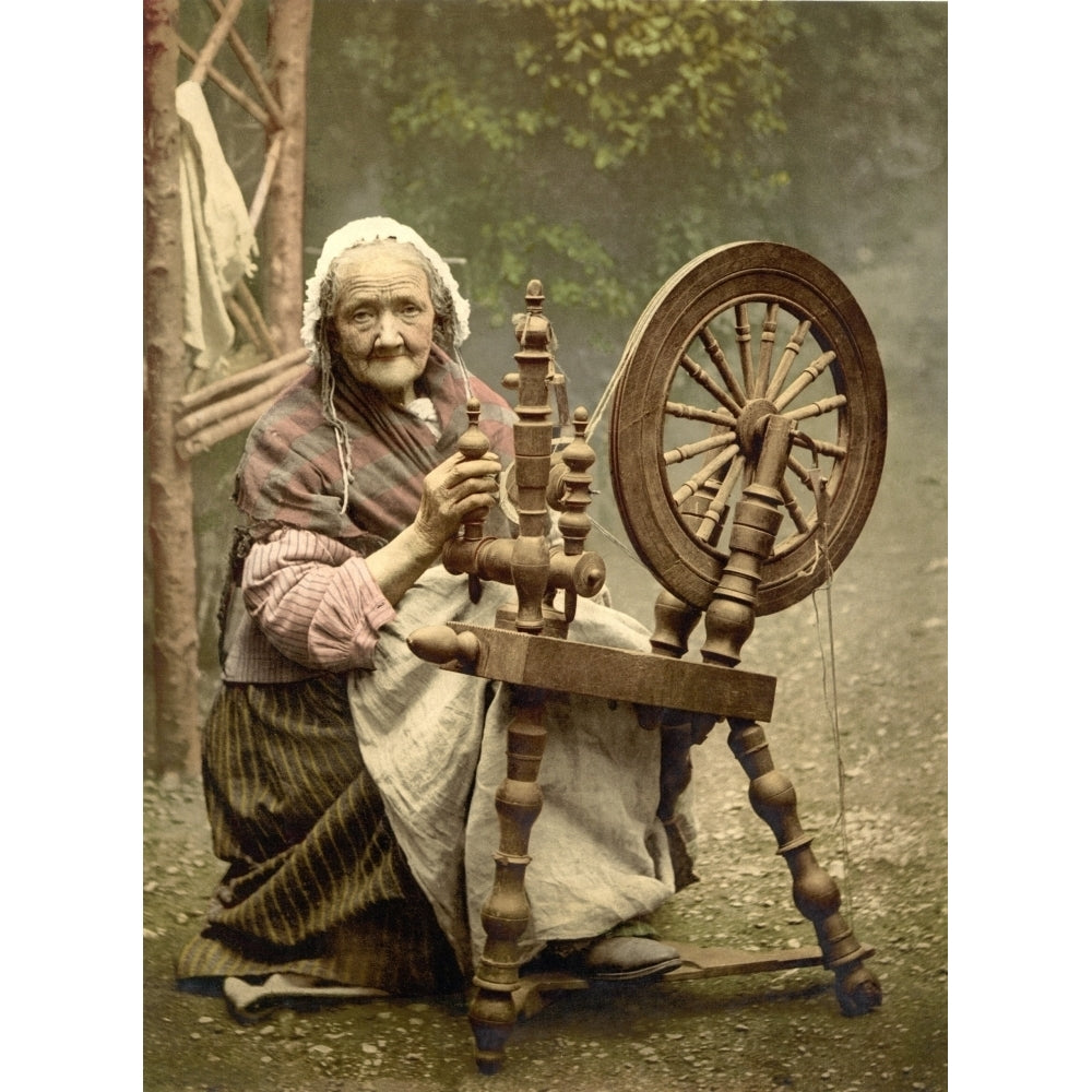 Elderly Irish Spinner Working Outdoors At Her Spinning Wheel In The Late 19Th Century. While Picturesque History Image 2