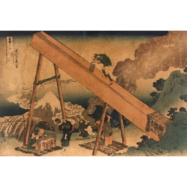 19Th Century Japanese Print Shows Two Men Sawing Lumber From A Large Log. Another Man Is Sharpening A Saw While A Woman Image 1