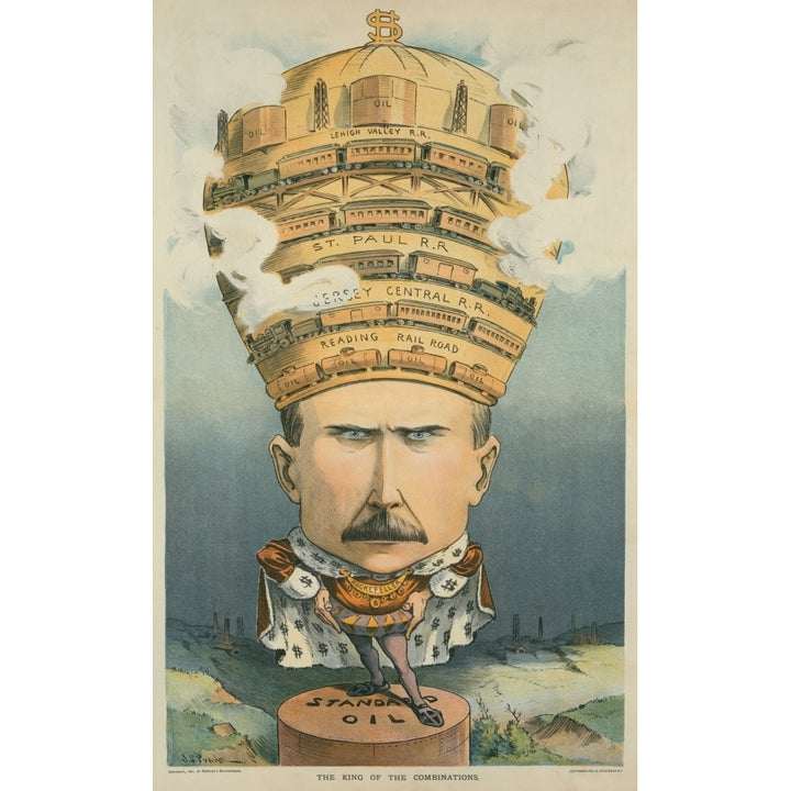 The King Of The Combinations Cartoon Of John D. Rockefeller Wearing A Crown And Robe Standing On An Oil Storage Tank Image 1