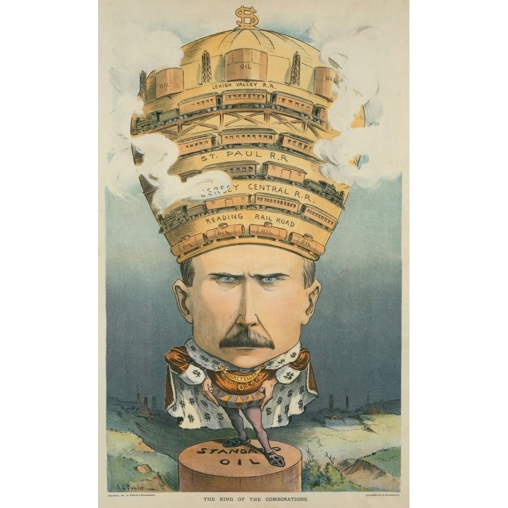 The King Of The Combinations Cartoon Of John D. Rockefeller Wearing A Crown And Robe Standing On An Oil Storage Tank Image 2