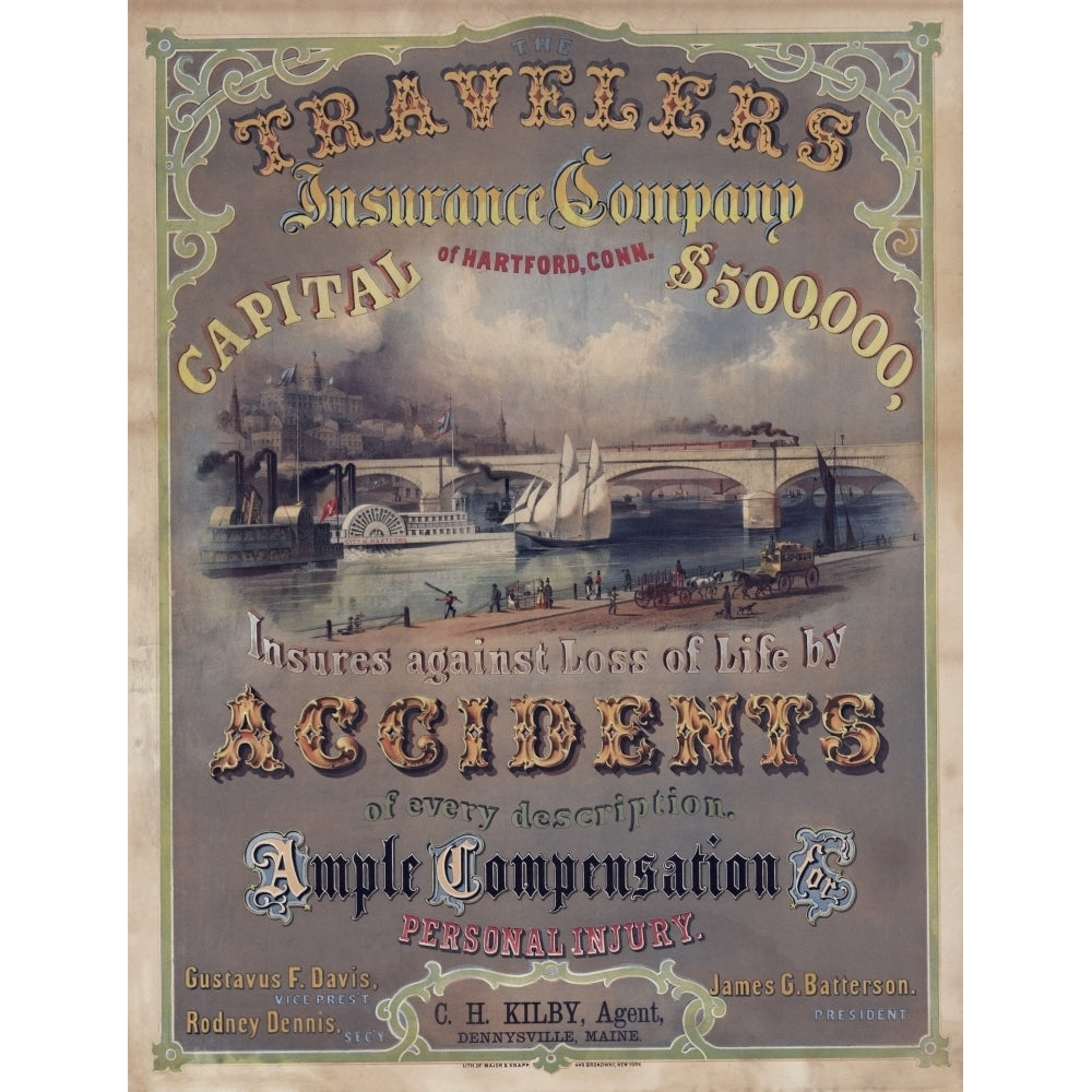 Travelers Insurance Company Advertising Poster. The Company Was Founded In 1864 In Hartford Connecticut. Late 19Th Image 2