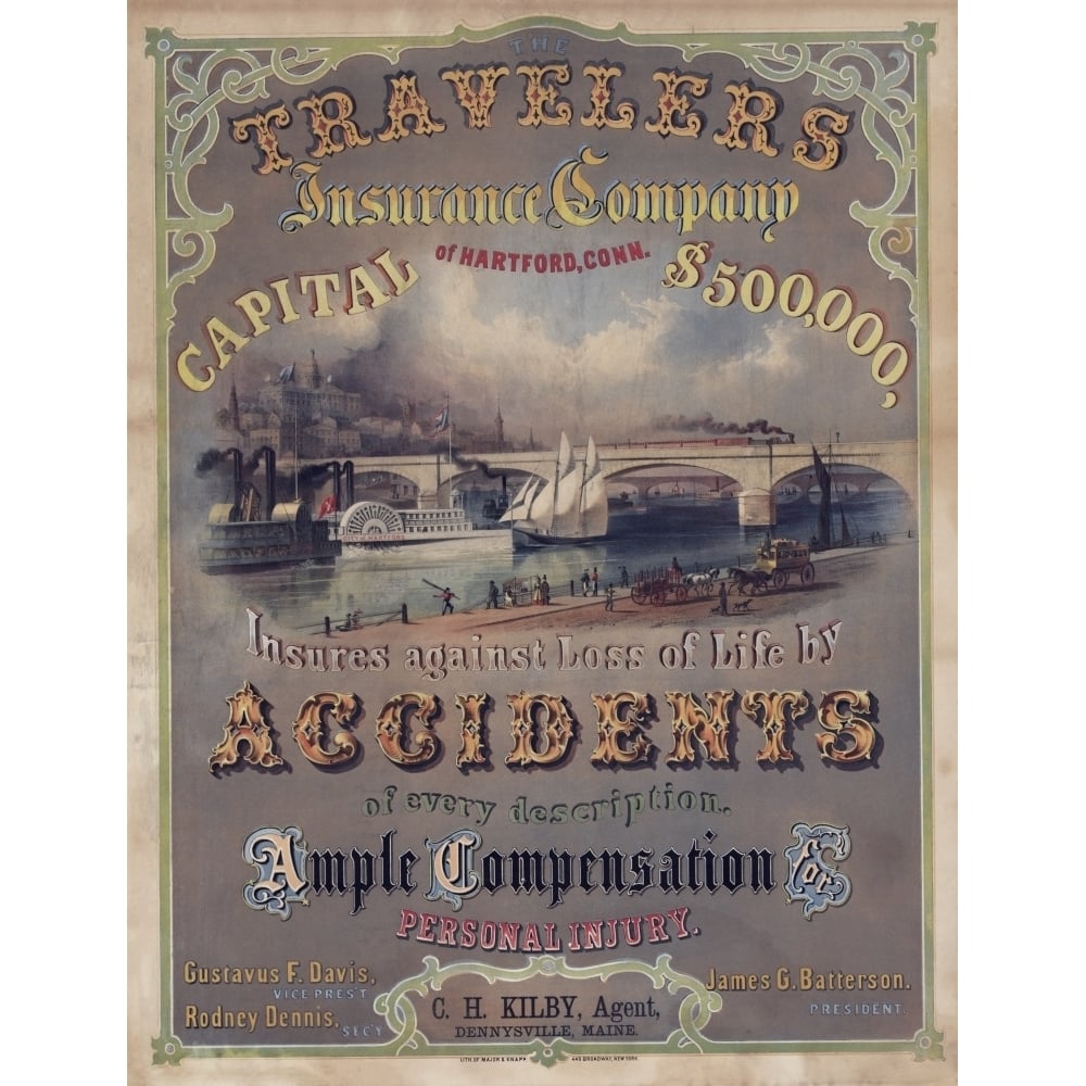 Travelers Insurance Company Advertising Poster. The Company Was Founded In 1864 In Hartford Connecticut. Late 19Th Image 1