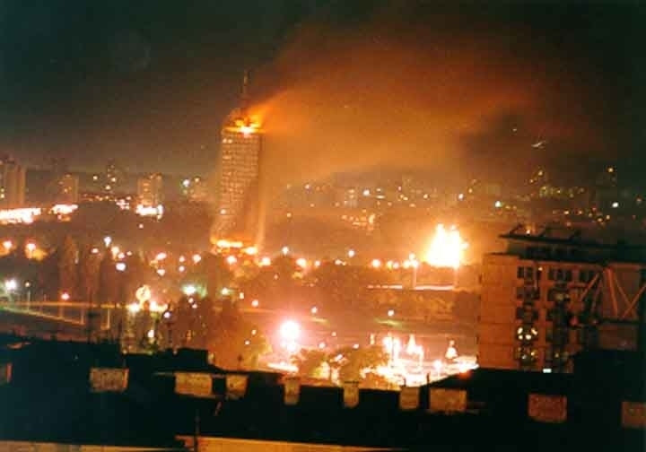 Belgrade Buildings On Fire On April 21 1999 During The Nato Bombing Of Yugoslavia. Nato Bombed From March 24 1999 To Image 1